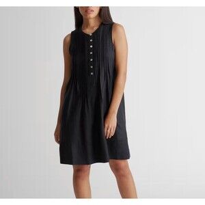 Quince European Linen Sleeveless Black Swing Dress Pleat Detail Size Small New